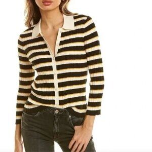 Theory Women's Hudson Striped Deep V rib knit Cardigan Top Size L Retro Fall